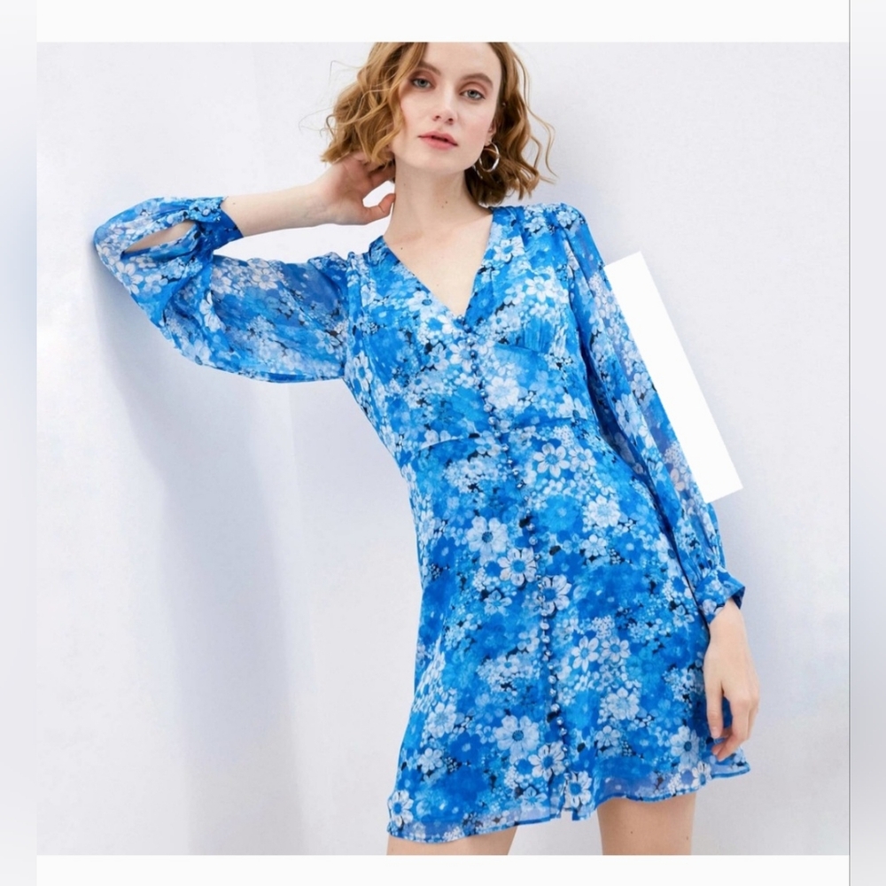 THE KOOPLES Dress Blue Short Printed Dress with Buttons Garden Party Floral -NWT